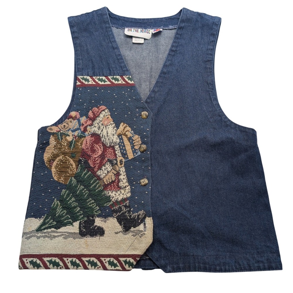 Vintage USA Made On The Verge Christmas Vest Womens S Blue Denim Santa Tapestry